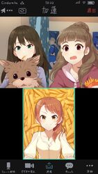  &gt;:) 3girls :&gt; black_hair brown_hair canine cellphone commentary doyagao fake_phone_screenshot fake_screenshot food french_fries green_eyes hair_bun hanako_(idolmaster) highres hojo_karen idolmaster idolmaster_cinderella_girls kamiya_nao long_hair monza mouth_hold multiple_girls phone ponytail poster_(object) red_eyes shibuya_rin single_hair_bun smartphone smug taking_picture thick_eyebrows triad_primus_(idolmaster) user_interface v-shaped_eyebrows wavy_mouth yellow_eyes yorkshire_terrier 