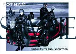  2boys absurdres bad_id bad_pixiv_id batman_(series) black_hair black_jacket bodysuit car coat commentary crossed_arms crossover dc_comics domino_mask emiya_shirou fate/stay_night fate_(series) garoshirou gloves gotham highres jacket jason_todd mask motor_vehicle multiple_boys orange_hair red_hair sample_watermark scarf sitting trench_coat vehicle_focus watermark yellow_eyes 