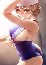  armpits ass blue_one-piece_swimsuit blush breasts competition_swimsuit covered_nipples female highres large_breasts love_live! love_live!_sunshine!! one-piece_swimsuit rokko self_exposure short_hair sideboob smile solo swim_cap swimsuit watanabe_you wet window 