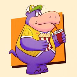  1:1 2023 anthro belly big_belly biped clothing common_hippopotamus drinking food hanna-barbera hat headgear headwear hi_res hippopotamid humanoid_hands laff-a-lympics mammal overweight peter_potamus popcorn purple_body shirt shulkle solo the_peter_potamus_show topwear 