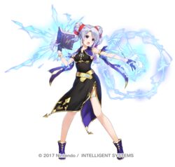  :o amagai_tarou bare_shoulders belt black_dress black_gloves blue_hair book boots bracelet commentary_request dress electricity female fire_emblem fire_emblem:_genealogy_of_the_holy_war fire_emblem_heroes full_body gloves hand_up holding holding_book jewelry light_blue_hair long_hair magic official_art open_mouth purple_eyes purple_footwear short_dress simple_background sleeveless sleeveless_dress solo standing tine_(fire_emblem) twintails white_background 