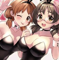  2girls animal_ears asano_fuka bare_shoulders black_choker black_hair black_hairband black_leotard blush breasts brown_eyes brown_hair choker cleavage collarbone commentary_request commission detached_collar dot_nose fake_animal_ears glasses hairband hands_up highres holding_hands idolmaster idolmaster_cinderella_girls interlocked_fingers katagiri_sanae large_breasts leotard looking_at_viewer low_twintails multiple_girls one_eye_closed open_mouth playboy_bunny rabbit_ears round_eyewear short_hair sidelocks simple_background skeb_commission smile tongue tongue_out twintails waving wrist_cuffs yuzuhota0313 