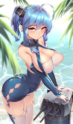  absurdres ahoge argyle_cutout arm_support ass azur_lane bare_shoulders blue_hair blurry blurry_foreground blush breasts cannon chinese_commentary cleavage clothing_cutout commentary_request covered_nipples dress elbow_gloves female fern garter_straps gloves hair_between_eyes hair_ornament highres large_breasts leaning_forward long_hair looking_at_viewer machinery pink_eyes purple_eyes rigging see-through sgt-jz side_ponytail sidelocks skindentation solo st._louis_(azur_lane) standing taut_clothes taut_dress thighhighs turret two-tone_dress water waves white_gloves white_thighhighs 