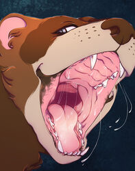  ambiguous_gender blue_eyes blue_pupils bodily_fluids brown_body brown_fur brown_nose cheek_tuft dripping facial_tuft fangs fur hi_res lionfloof looking_at_viewer mammal mouth_shot mustelid musteline open_mouth polecat_(mustelid) pudask pupils saliva saliva_drip saliva_string solo tan_body tan_fur teeth tuft 