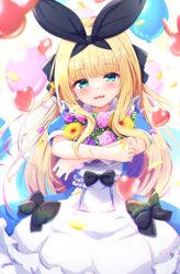  apron balloon baram black_bow black_ribbon blonde_hair blue_dress blunt_bangs blush bow collared_dress commentary confetti dress female flower green_eyes hair_ribbon hairbow heart_balloon highres hugging_object long_hair looking_at_viewer mononobe_alice mononobe_alice_(1st_costume) nijisanji open_mouth pink_flower pink_rose puffy_short_sleeves puffy_sleeves purple_flower purple_rose ribbon rose short_sleeves smile solo very_long_hair virtual_youtuber white_apron yellow_flower 