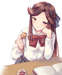  blue_bow blush book bow bowtie brown_hair chair chocolate_chip_cookie closed_mouth collared_shirt commentary_request cookie dress_shirt female food grey_skirt hair_ornament hairbow hand_on_own_cheek hand_on_own_face hands_up head_rest holding holding_cookie holding_food light_smile long_hair long_sleeves looking_at_food on_chair open_book parted_bangs pleated_skirt purple_eyes red_bow red_bowtie school_uniform seishou_music_academy_uniform shirt shirt_tucked_in shoujo_kageki_revue_starlight sidelocks simple_background sitting skirt solo table tendou_maya wato_(ko) white_background white_shirt x_hair_ornament 