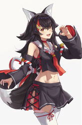  :d absurdres animal_ear_fluff animal_ears bell black_hair black_skirt breasts choker claw_pose commentary cowboy_shot crop_top detached_sleeves female flower_knot hair_ornament hand_up highres hololive japanese_clothes long_hair looking_at_viewer midriff miniskirt multicolored_hair navel neckerchief oerba_yun_fang ookami_mio ookami_mio_(1st_costume) open_mouth orange_eyes red_choker red_hair sailor_collar shakabrah side-tie_skirt simple_background skirt smile solo stomach streaked_hair tail thighhighs virtual_youtuber white_background white_thighhighs wolf_ears wolf_girl wolf_tail 