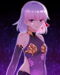  :d bare_shoulders blurry blurry_background breasts closed_mouth commentary depth_of_field detached_sleeves dress fate/grand_order fate_(series) female kama_(fate) kama_(first_ascension)_(fate) looking_at_viewer moyashi_(momoyashi_321) pink_hair purple_dress purple_sleeves red_eyes see-through sky small_breasts smile solo star_(sky) starry_sky 