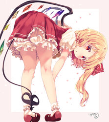  absurdres ass bare_legs bent_over blonde_hair bloomers bobby_socks commentary_request female flandre_scarlet full_body hair_ribbon highres kemo_chiharu kneepits laevatein_(tail) long_hair looking_at_viewer looking_back pigeon-toed puffy_short_sleeves puffy_sleeves red_eyes red_footwear red_ribbon red_skirt red_vest ribbon shirt shoes short_sleeves side_ponytail signature skirt socks solo standing tail touhou underwear vest white_shirt white_socks wings 