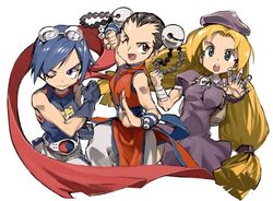  3girls bandages bell beret black_hair blonde_hair blue_hair fatal_fury hair_bell hair_ornament hat li_xiangfei long_hair may_lee multiple_girls oerba_yun_fang shijou_hinako short_hair sleeveless the_king_of_fighters ysk! 