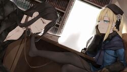  1boy black_hair black_headwear black_legwear blonde_hair blue_coat blue_eyes blue_jacket bondage bondage bound brown_gloves coat cuffs fate/grand_order fate_(series) feathers feet female femdom foot_worship gloves highres ink_bottle jacket long_hair lord_el-melloi_ii lord_el-melloi_ii_case_files no_shoes oshin0_(zheng) pantyhose quill reines_el-melloi_archisorte short_hair straight tilted_headwear waver_velvet 