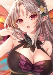  animal_print black_one-piece_swimsuit breasts butterfly_print casual_one-piece_swimsuit cleavage cleavage_cutout clothing_cutout edamameoka facial_mark fairy_wings female fire_emblem fire_emblem_heroes flower forehead_mark gold_bracelet grey_hair hair_flower hair_ornament halterneck highres large_breasts long_hair looking_at_viewer official_alternate_costume one-piece_swimsuit open_mouth plumeria_(fire_emblem) plumeria_(summer)_(fire_emblem) pointy_ears ponytail red_eyes solo swimsuit twirling_hair wings 