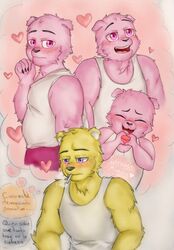  2023 anthro bear blush bottomwear closed_eyes clothing coco_(unicorn_wars) dialogue fur gordi_(unicorn_wars) heart_symbol hi_res kowimarch male mammal pants pink_body pink_fur shirt slightly_chubby smoking spanish_text text topwear unicorn_wars yellow_body yellow_fur 