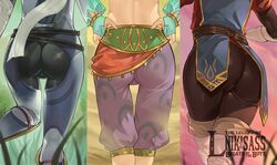  1boy absurdres ass ass_focus bodysuit bridal_gauntlets bulge commentary english_text from_behind gerudo_set_(zelda) gloves hands_on_own_hips highres link logo_parody lower_body male_focus multiple_views official_alternate_costume otoko_no_ko pants royal_guard_set_(zelda) scarf stealth_set_(zelda) symbol-only_commentary tamako_(tamatamako01) the_legend_of_zelda the_legend_of_zelda:_breath_of_the_wild thigh_gap tight_clothes tight_pants 