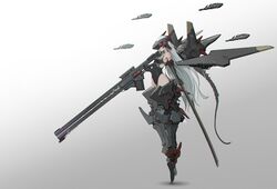  bare_shoulders blue_hair drone elbow_gloves female full_body gloves gradient_background grey_background gun head-mounted_display headgear highres leotard light_blue_hair long_hair mecha_musume mechanical_legs mechanical_wings oota_youjo original plantar_flexion rifle solo sword very_long_hair weapon white_background wings 