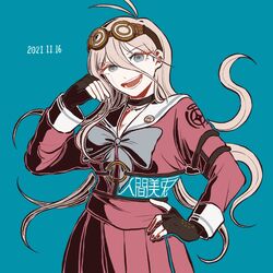  :d antenna_hair barbed_wire black_choker black_gloves blonde_hair blue_eyes bow bowtie breasts choker commentary danganronpa_(series) danganronpa_v3:_killing_harmony dated female fingerless_gloves gloves goggles goggles_on_head green_background hair_between_eyes iruma_miu kiri_(2htkz) long_hair long_sleeves looking_at_viewer open_mouth pink_shirt pink_skirt sailor_collar shirt skirt smile solo teeth translated 