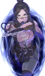  animification apex_legends black_hair blue_eyes bodysuit breasts cable commentary electricity female hair_bun highres holding holding_knife hope&#039;s_dusk_(apex_legends) knife kunai mask medium_breasts mouth_mask official_alternate_costume parted_bangs pink_bodysuit running single_hair_bun solo usio_(tsuqmo) void_specialist_wraith weapon wraith_(apex_legends) 