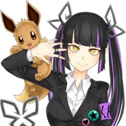  alternate_costume black_hair black_jacket blunt_bangs breasts closed_mouth collared_shirt commentary_request demon_girl demon_horns demon_tail eevee engacyo_(engacyo39800yen) female horns jacket jewelry kojo_anna long_hair long_sleeves looking_at_viewer medium_breasts multicolored_hair nanashi_inc. pointy_ears pokemon pokemon_(creature) purple_hair ring shirt simple_background smile sugar_lyric tail transparent_background twintails two-tone_hair upper_body virtual_youtuber white_shirt yellow_eyes 