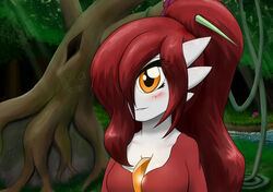  2021 blush blush_lines breasts cleavage clothed clothing detailed_background female forest gardevoir generation_3_pokemon ghostth39 hair hair_over_eye long_hair medium_breasts nintendo not_furry one_eye_obstructed orange_eyes plant pokemon pokemon_(species) ponytail red_hair smile solo tree tree_carving tree_root 