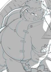  2021 anthro belly bottomwear bulge clothing felid hi_res humanoid_hands kemono licho_(tas) lifewonders male mammal moobs navel overweight overweight_anthro overweight_male pantherine pants shirt solo tiger tokyo_afterschool_summoners topwear yuuuki_desu 