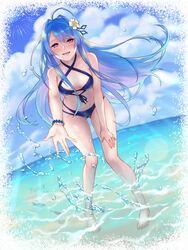  :d absurdres ahoge alternate_costume ass_visible_through_thighs azur_lane bare_shoulders barefoot beach bikini blue_bikini blue_hair blue_sky blush breasts cloud commentary_request criss-cross_halter day dutch_angle female flower full_body hair_flower hair_intakes hair_ornament halterneck hand_on_own_thigh helena_(azur_lane) highres kurono_hyouka leaning_forward lens_flare long_hair looking_at_viewer medium_breasts navel ocean open_mouth outdoors purple_eyes signature sky smile solo splashing stomach swimsuit very_long_hair wading water water_drop white_flower 