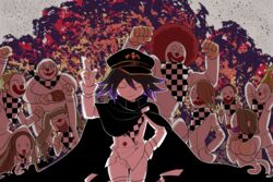  3girls 6+boys afro arm_up arms_up black_cape black_hair blonde_hair braid breasts brown_hair cape checkered_clothes checkered_floor checkered_scarf cleavage clenched_hand clown_mask commentary cowboy_shot curry curry_rice danganronpa_(series) danganronpa_v3:_killing_harmony dice_members_(danganronpa) double_v drill_hair fat fat_man food furukawa_(yomawari) hair_between_eyes hand_in_pocket hand_up hat highres holding holding_plate large_breasts long_hair long_sleeves male_focus mask multiple_boys multiple_girls oma_kokichi pants plate purple_eyes purple_hair red_hair rice scarf short_hair smile straitjacket twin_drills v white_pants 