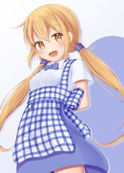  apron blonde_hair blue_apron blue_background blue_bow blue_bowtie blue_skirt bow bowtie button_gap checkered_apron checkered_clothes commentary_request employee_uniform female from_below gingham gingham_apron hair_between_eyes high-waist_skirt highres kantai_collection kobeya kobeya_uniform long_hair looking_at_viewer low_twintails minakami_mimimi pleated_shirt satsuki_(kancolle) shirt short_sleeves skirt solo twintails uniform waitress white_background white_shirt 