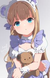  :o absurdres animal_ears apron bear_ears blonde_hair blue_eyes blunt_bangs blush braided_sidelock breasts cleavage fake_animal_ears female frilled_apron frills happy_birthday head_tilt highres hugging_object idoly_pride looking_at_viewer maid maid_headdress narumiya_suzu ooho0216 parted_lips purple_apron shirt shrug_(clothing) simple_background small_breasts solo stuffed_animal stuffed_toy sweatdrop teddy_bear waist_apron white_background white_shirt 