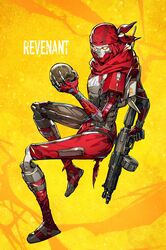  1boy absurdres animification apex_legends bandana character_name classic_revenant eva-8_shotgun from_side gun highres holding holding_gun holding_skull holding_weapon humanoid_robot loincloth looking_at_viewer male_focus mika_pikazo red_bandana red_scarf revenant_(apex_legends) robot scarf science_fiction shotgun simulacrum_(titanfall) skull weapon yellow_background yellow_eyes 