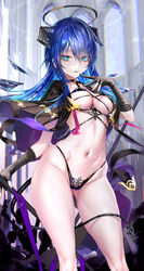  absurdres aqua_eyes arknights ass_visible_through_thighs black_bra black_choker black_gloves black_panties blue_hair blue_tongue bra breasts capelet choker colored_tongue contrapposto female finger_to_mouth floating_hair gloves groin halo highleg highleg_panties highres horns long_hair looking_at_viewer medium_breasts mostima_(arknights) mostima_(spellbreaker)_(arknights) navel official_alternate_costume panties partially_fingerless_gloves pottsness smile solo standing stomach string_panties tail thighs tongue tongue_out underwear wide_hips 