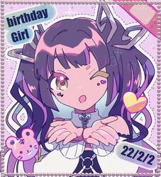  black_hair black_tube_top blunt_bangs clothing_cutout commentary_request dated demon_horns female happy_birthday heart horns jacket kojo_anna kojo_anna_(2nd_costume) kuzuhana long_hair looking_at_viewer multicolored_hair nanashi_inc. official_alternate_costume one_eye_closed open_mouth purple_hair shoulder_cutout smile solo strapless sugar_lyric tiger tube_top twintails two-tone_hair upper_body virtual_youtuber white_jacket yellow_eyes 