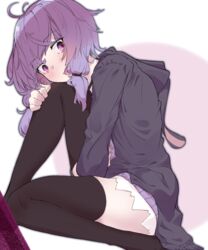  absurdres arm_between_legs black_hoodie black_thighhighs blush commentary dress feet_out_of_frame female from_side hand_on_own_knee head_on_knee head_rest highres hood hood_down hoodie knee_up long_sleeves looking_at_viewer looking_to_the_side microdress oerba_yun_fang purple_dress purple_eyes purple_hair ribbed_dress short_hair_with_long_locks sitting smile solo thighhighs thighs vocaloid voiceroid wavy_mouth yoru_no_yamai yuzuki_yukari zettai_ryouiki 