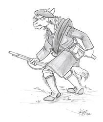  2021 angry anthro axe beret clothing dual_wielding equid equine female footwear greyscale gun hat headgear headwear holding_object holding_weapon horse looking_back mammal melee_weapon monochrome musket pony powder_horn rabbi-tom ranged_weapon red_shetland shetland_pony simple_background solo tomahawk weapon 