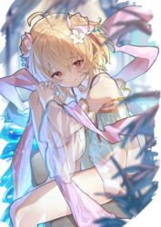  ahoge andira_(granblue_fantasy) andira_(summer)_(granblue_fantasy) animal_ears bare_shoulders blonde_hair commentary double_bun erune female flower granblue_fantasy hagoromo hair_between_eyes hair_bun hair_flower hair_ornament highleg highleg_swimsuit highres looking_at_viewer monkey_ears monkey_girl monkey_tail official_alternate_costume own_hands_together red_eyes sawayaka_samehada shawl short_hair sidelocks sitting smile solo swimsuit tail 