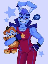  2023 3:4 5_fingers accessory anthro bear black_nose blue_body blue_hair bracelet buckteeth bulge capelet clothed clothing digital_media_(artwork) duo ear_piercing ear_ring ears_up fingerless_gloves fingers five_nights_at_freddy&#039;s five_nights_at_freddy&#039;s:_security_breach five_nights_at_freddy&#039;s:_security_breach_ruin glamrock_bonnie_(fnaf) glamrock_freddy gloves grin grinning_at_viewer hair hand_on_hip handwear hat headband headgear headwear hi_res jewelry jumpsuit kissy_lips lagomorph leporid lidded_eyes lips looking_at_viewer male mammal piercing plushie purple_eyes rabbit ring_piercing scottgames scut_tail short_tail signature smile soft_colors solo speech_bubble spiked_bracelet spiked_wristband spikes standing star steel_wool_studios tail teddy_bear teeth top_hat whiskers wristband zucoyy 