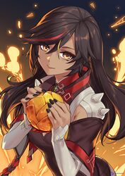  black_nails brown_hair dark-skinned_female dark_skin female genshin_impact hair_down highres holding linreplica long_hair looking_at_viewer shoulder_spikes sleeves_past_wrists smile spikes xinyan_(genshin_impact) yellow_eyes 