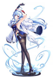  absurdres ahoge armpits arms_up ass asymmetrical_gloves bare_shoulders black_gloves black_panties black_pantyhose blue_footwear blue_hair blush bracelet breasts closed_mouth coat commentary_request cosplay elbow_gloves female from_behind fur-trimmed_coat fur_trim ganyu_(genshin_impact) genshin_impact gloves high_heels highres horns jewelry lalazyt large_breasts leaning_forward lens_flare long_hair looking_at_viewer looking_back panties panties_under_pantyhose pantyhose partial_commentary purple_eyes simple_background single_elbow_glove smile solo tassel underwear unworn_coat visor_cap white_background white_coat white_gloves yelan_(genshin_impact) yelan_(genshin_impact)_(cosplay) 