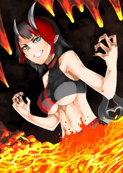  absurdres black_hair black_nails black_sports_bra blue_eyes breasts chains claw_pose commentary_request demon_girl demon_horns demon_tail dutch_angle ear_chain engacyo_(engacyo39800yen) female grin highres horns large_breasts lava looking_at_viewer multicolored_hair nail_polish nanashi_inc. no_jacket pointy_ears red_hair red_sports_bra ryugasaki_rene ryugasaki_rene_(1st_costume) short_hair smile solo sports_bra sugar_lyric tail two-tone_hair two-tone_sports_bra underboob upper_body virtual_youtuber 