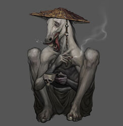  anthro black_eyes black_mane bodily_fluids bone cigarette clothing conical_hat creepy equid feet fur grey_body grey_fur gums headgear headwear hi_res male mammal mane muscular mythology nails philipine_mythology philippine_mythology rice_hat robe saliva shaded shadow simbako258 simple_background sitting skull skull_mug smoking solo teeth tikbalang toenails toes tongue tongue_out torn_clothing torn_hat torn_headwear 