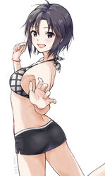  absurdres antenna_hair ass bikini black_bikini blush bracelet breasts female highres idolmaster idolmaster_(classic) idolmaster_million_live! jewelry kikuchi_makoto looking_at_viewer looking_back mogskg short_hair side_slit simple_background small_breasts smile solo standing standing_on_one_leg swimsuit two_side_up white_background 