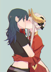  2girls asymmetrical_docking black_shirt blue_background blue_hair blush breast_press breasts byleth_(female)_(fire_emblem) byleth_(fire_emblem) closed_eyes commentary crop_top cropped_shirt dress edelgard_von_hresvelg eyelashes fire_emblem fire_emblem:_three_houses from_side gloves hair_bun hand_on_another&#039;s_chin horn_ornament horns hug kissing long_hair medium_breasts midriff multiple_girls profile red_dress red_gloves shirt sidelocks simple_background single_hair_bun small_breasts taut_clothes tiara white_hair yukiyanagi_raki yuri 