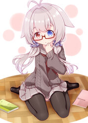  :o ahoge animal_ears antenna_hair between_legs black_footwear black_pantyhose black_sweater blue_eyes blue_scrunchie blush borrowed_character commentary_request female full_body glasses grey_hair grey_sailor_collar grey_skirt hair_ornament hair_over_shoulder hair_scrunchie hand_between_legs harada_(sansei_rain) heterochromia long_hair long_sleeves looking_at_viewer low_twintails neckerchief on_floor original pantyhose parted_lips pleated_skirt puffy_long_sleeves puffy_sleeves red-framed_eyewear red_eyes red_neckerchief sailor_collar school_uniform scrunchie semi-rimless_eyewear shoes short_eyebrows sitting skirt sleeves_past_wrists solo sweater thick_eyebrows twintails under-rim_eyewear very_long_hair wariza white_hair wooden_floor yukino_ko_(yukino_shiratama) 