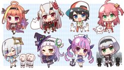  35p_(sakura_miko) 6+girls :d ahoge amane_kanata amane_kanata_(1st_costume) anchor anchor_symbol animal apple armor backwards_hat bare_shoulders baseball_cap bell beret bird black_capelet black_footwear black_gloves black_hair black_hairband black_headwear black_jacket black_kimono black_skirt blonde_hair blue_dress blue_eyes blue_hair blue_sailor_collar blush boots bowl braid breasts brown_eyes capelet character_request chibi cleavage commentary_request crop_top double_bun dragon_girl dragon_horns dragon_tail dress duck fingerless_gloves food frilled_dress frilled_skirt frills fruit full_armor gloves green_eyes grey_hair grey_jacket grin hair_bell hair_between_eyes hair_bun hair_ornament hairband hat highres holding holding_animal holding_bowl holding_food holding_fruit hololive horns jacket japanese_clothes jingle_bell kimono kiryu_coco kiryu_coco_(1st_costume) koga_rejini large_breasts long_hair long_sleeves maid_headdress midriff minato_aqua minato_aqua_(1st_costume) multicolored_hair multiple_girls murasaki_shion murasaki_shion_(1st_costume) nakiri_ayame nakiri_ayame_(1st_costume) neckerchief obi off_shoulder one_side_up oozora_subaru oozora_subaru_(1st_costume) orange_hair poyoyo_(nakiri_ayame) purple_eyes purple_hair purple_neckerchief red_apple red_eyes red_hair red_skirt sailor_collar sakura_miko sakura_miko_(1st_costume) sash shiokko_(murasaki_shion) shirogane_noel shirogane_noel_(1st_costume) shirt single_hair_intake skirt sleeves_past_fingers sleeves_past_wrists smile standing standing_on_one_leg streaked_hair striped_clothes striped_shirt striped_thighhighs subaru_duck tail thigh_boots thighhighs tilted_headwear twintails two-tone_hair vertical-striped_clothes vertical-striped_shirt vertical-striped_thighhighs very_long_hair virtual_youtuber white_headwear white_kimono white_shirt white_thighhighs wide_sleeves witch_hat 