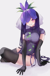  absurdres black_gloves black_thighhighs blush breasts china_dress chinese_clothes dress elbow_gloves feet female flower flower_on_head gloves grape_print highres kaminose_(user_veum4325) leaf_print long_hair looking_at_viewer orchid purple_eyes purple_hair short_sleeves sitting smile solo thighhighs thighs touhou unfinished_dream_of_all_living_ghost vine_print yomotsu_hisami 