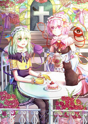  2girls :/ :d adapted_costume bird black_bow black_capelet black_hairband black_legwear black_ribbon black_shirt blue_sleeves blush bow bowtie buttons cake cake_slice capelet chair closed_mouth commentary cross cup detached_sleeves diamond_button eyebrows_visible_through_hair feline flower food frilled_hairband frilled_skirt frilled_sleeves frills fruit gloves gothic_lolita green_eyes green_hair green_skirt hairband hairbow heart heart_in_eye highres holding holding_cup holding_teapot kaenbyou_rin kaenbyou_rin_(cat) komeiji_koishi komeiji_satori latin_cross lolita_fashion looking_at_another looking_at_viewer medium_hair multiple_girls neck_ribbon no_hat no_headwear open_mouth orange_bow orange_bowtie pantyhose pink_capelet pink_eyes pink_hair pink_skirt plate purple_bow railing red_eyes red_flower red_hairband red_rose reiuji_utsuho reiuji_utsuho_(bird) ribbon ribbon-trimmed_sleeves ribbon_trim rose saucer shirt short_hair short_sleeves siblings skirt sleeveless sleeveless_shirt slit_pupils smile stained_glass stairs strawberry symbol_in_eye table teacup teapot third_eye thorns touhou waist_bow wide_sleeves xinghuo yellow_bow yellow_gloves yellow_ribbon yellow_shirt 