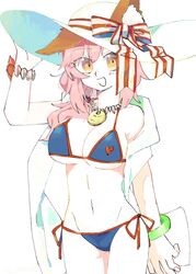  animal_ear_fluff animal_ears bangle bikini blue_bikini bow bracelet breasts cleavage ears_through_headwear fate/grand_order fate_(series) female fox_ears fox_tail halterneck hat hat_bow highres jewelry large_breasts looking_at_viewer necklace open_mouth orange_eyes pink_hair side-tie_bikini_bottom simple_background solo string_bikini sun_hat swimsuit tail tamamo_(fate) tamamo_no_mae_(swimsuit_lancer)_(fate) uotsu_(sabakou) white_background 