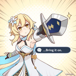  arm_guards armpits blonde_hair commentary detached_sleeves dialogue_options dress english_commentary english_text feather_hair_ornament feathers female flower gameplay_mechanics genshin_impact hair_between_eyes hair_flower hair_ornament highres holding holding_sword holding_weapon kibashiba left-handed long_sleeves looking_at_viewer lumine_(genshin_impact) orange_eyes scarf short_hair short_hair_with_long_locks sidelocks simple_background solo sword weapon white_dress white_scarf 