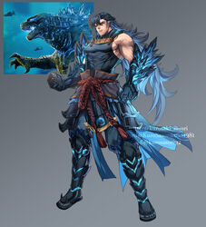  1boy armor black_hair blue_hair covered_abs full_body gauntlets godzilla godzilla:_king_of_the_monsters godzilla_(monsterverse) godzilla_(series) godzilla_vs._kong grey_background humanization japanese_armor king_kong_(series) kurosaki_sasori kusazuri large_pectorals long_hair long_sideburns male_focus monsterverse multicolored_hair muscular muscular_male pants pectorals personification red_eyes sideburns sidepec twitter_username two-tone_hair very_long_hair 