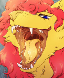  anthro blue_eyes blue_sclera bodily_fluids cheek_tuft colored_saliva facial_tuft fangs female fur gaping_mouth hair hi_res lionfloof looking_at_viewer mouth_shot open_mouth red_hair saliva saliva_string solo teeth tongue tuft unusual_bodily_fluids unusual_saliva uvula yellow_body yellow_fur yellow_nose yellow_saliva yellow_tongue 