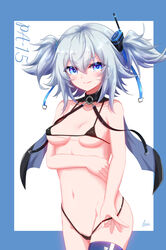  absurdres bikini black_bikini black_capelet blue_eyes blue_thighhighs blush breasts capelet character_name commentary_request female girls&#039;_frontline grey_hair hair_between_eyes heart heart-shaped_pupils highres lexis_yayoi long_hair looking_at_viewer medium_breasts medium_hair micro_bikini navel pa-15_(girls&#039;_frontline) single_thighhigh smile solo swimsuit symbol-shaped_pupils thighhighs twintails 